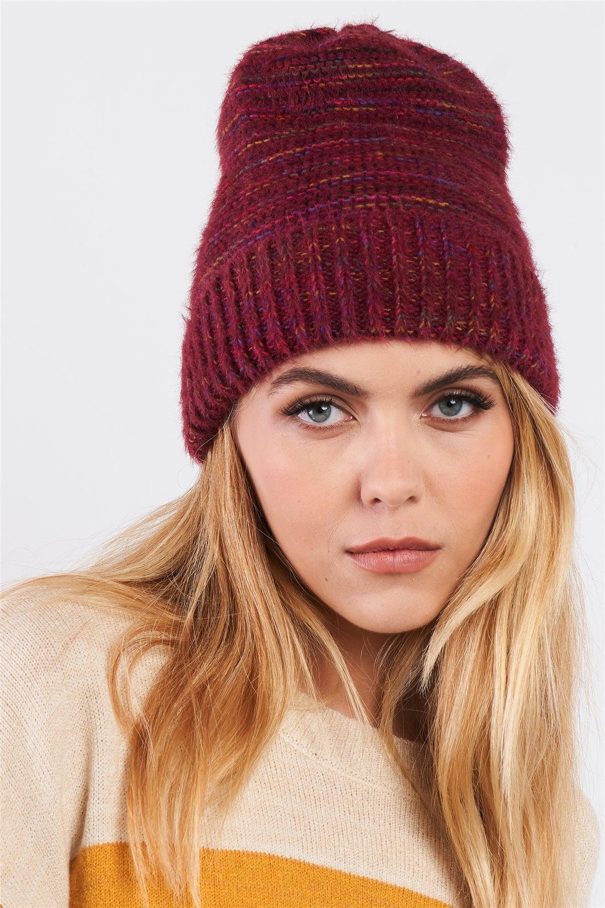 Burgundy Rainbow Knit Fuzzy Woven Beanie /3 Pieces