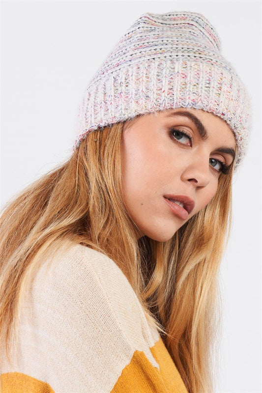 White Rainbow Knit Fuzzy Woven Beanie /3 Pieces