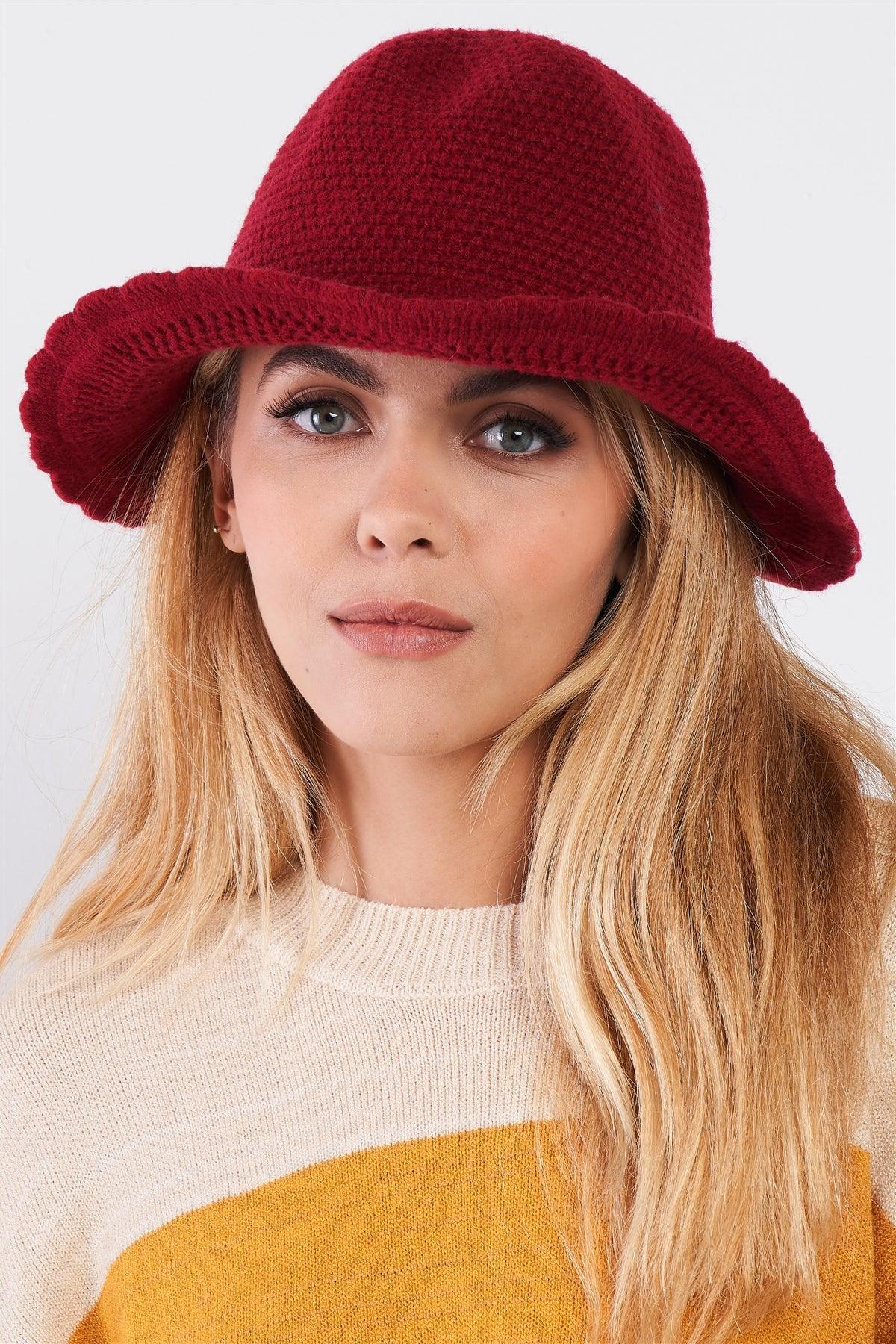 Burgundy Scallop Edge Woven Panama Hat /3 Pieces