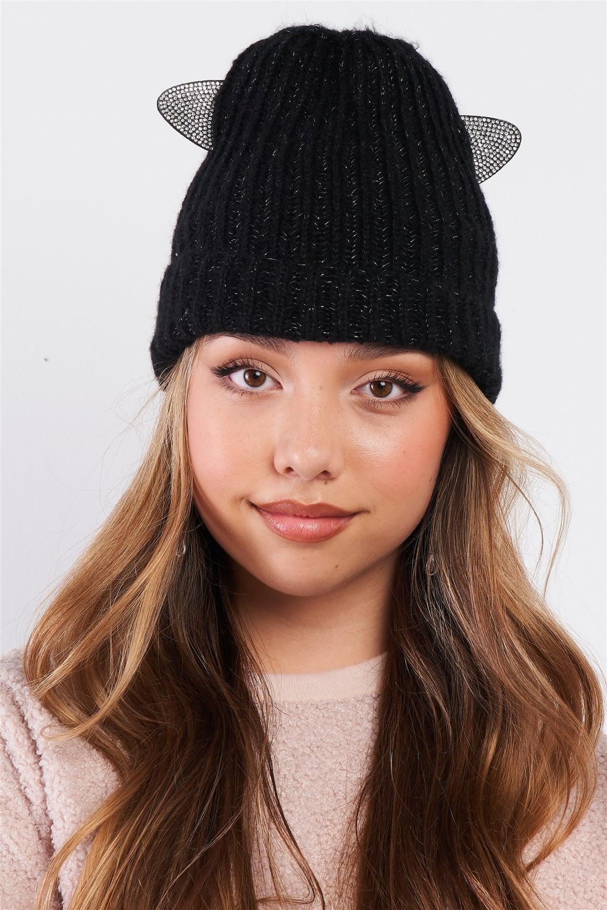 Black Rhinestone Cat Ears Glitter Woven Knit Beanie /3 Pieces