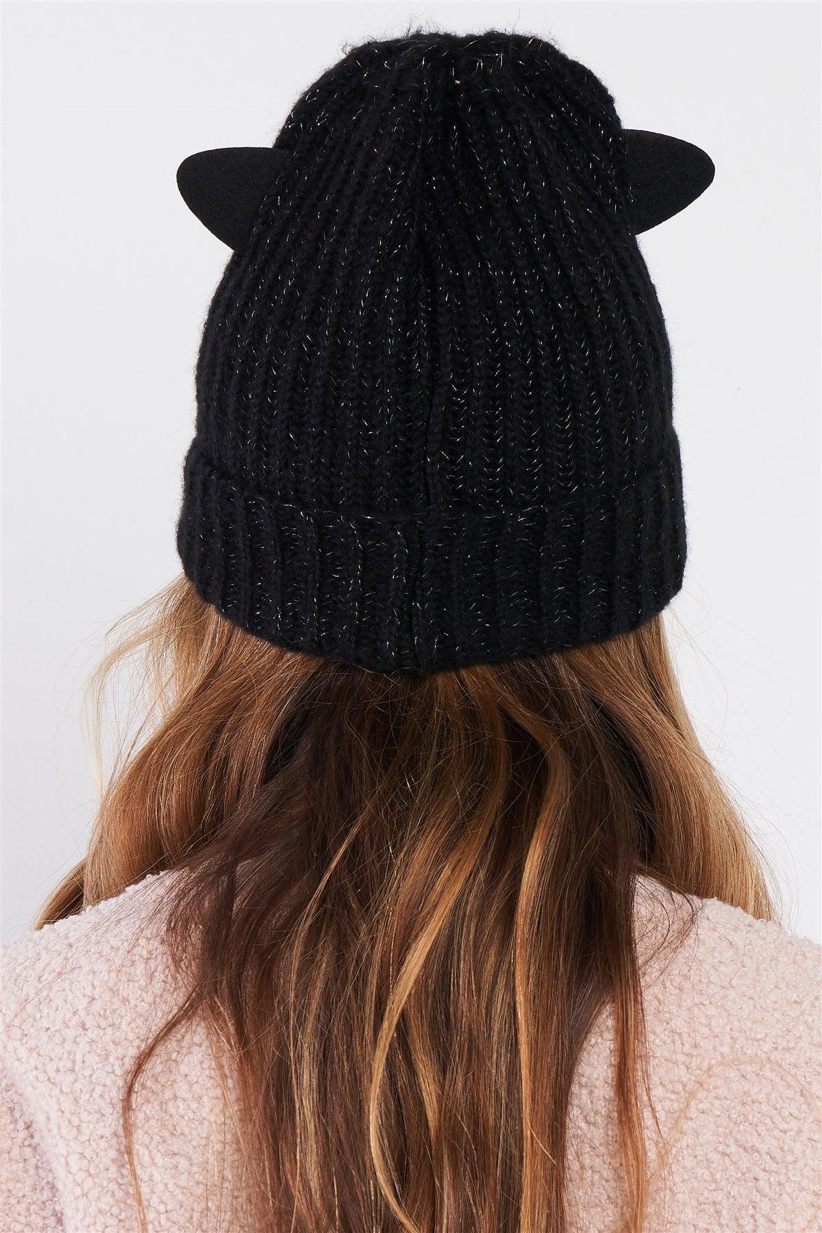 Black Rhinestone Cat Ears Glitter Woven Knit Beanie /3 Pieces