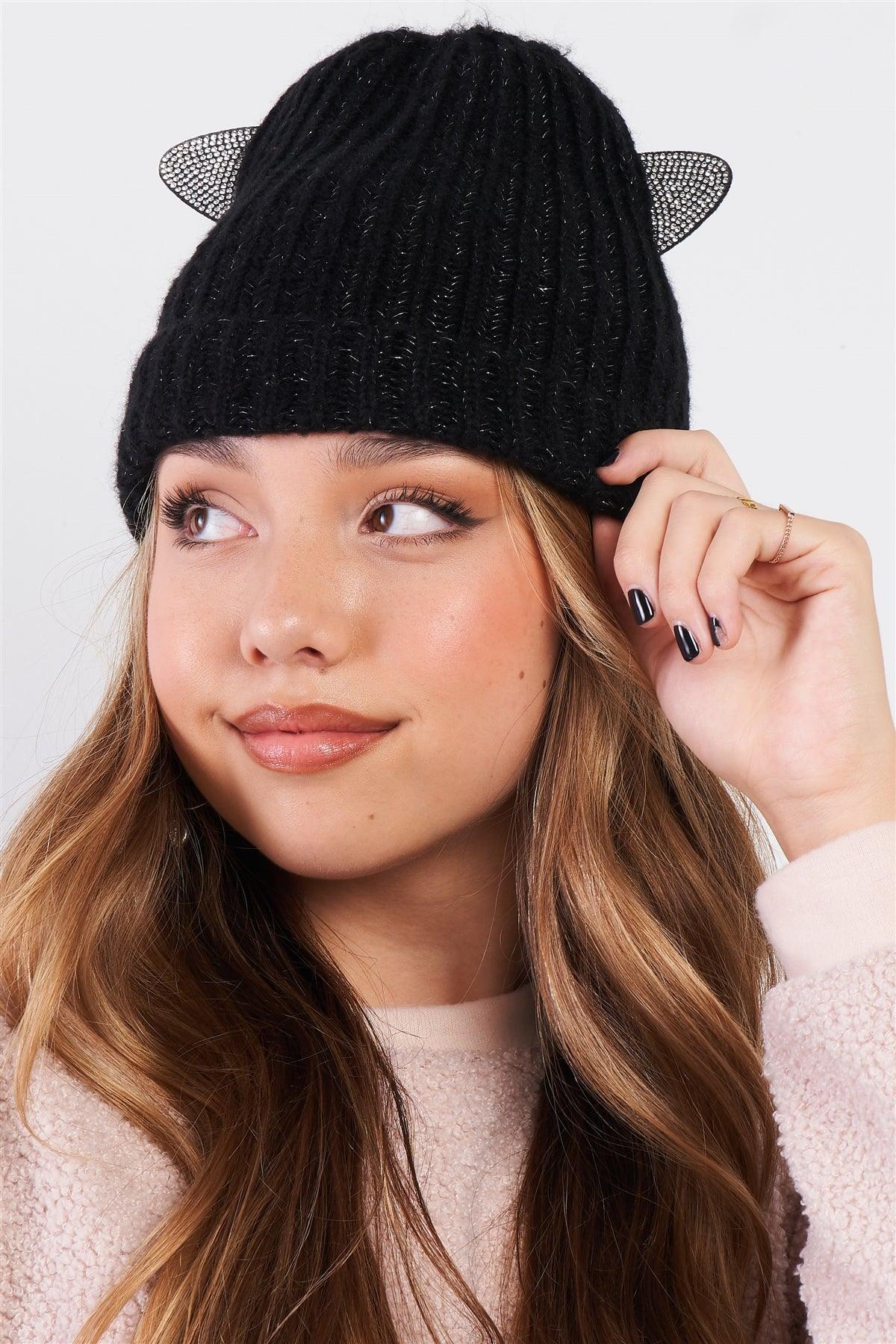 Black Rhinestone Cat Ears Glitter Woven Knit Beanie /3 Pieces