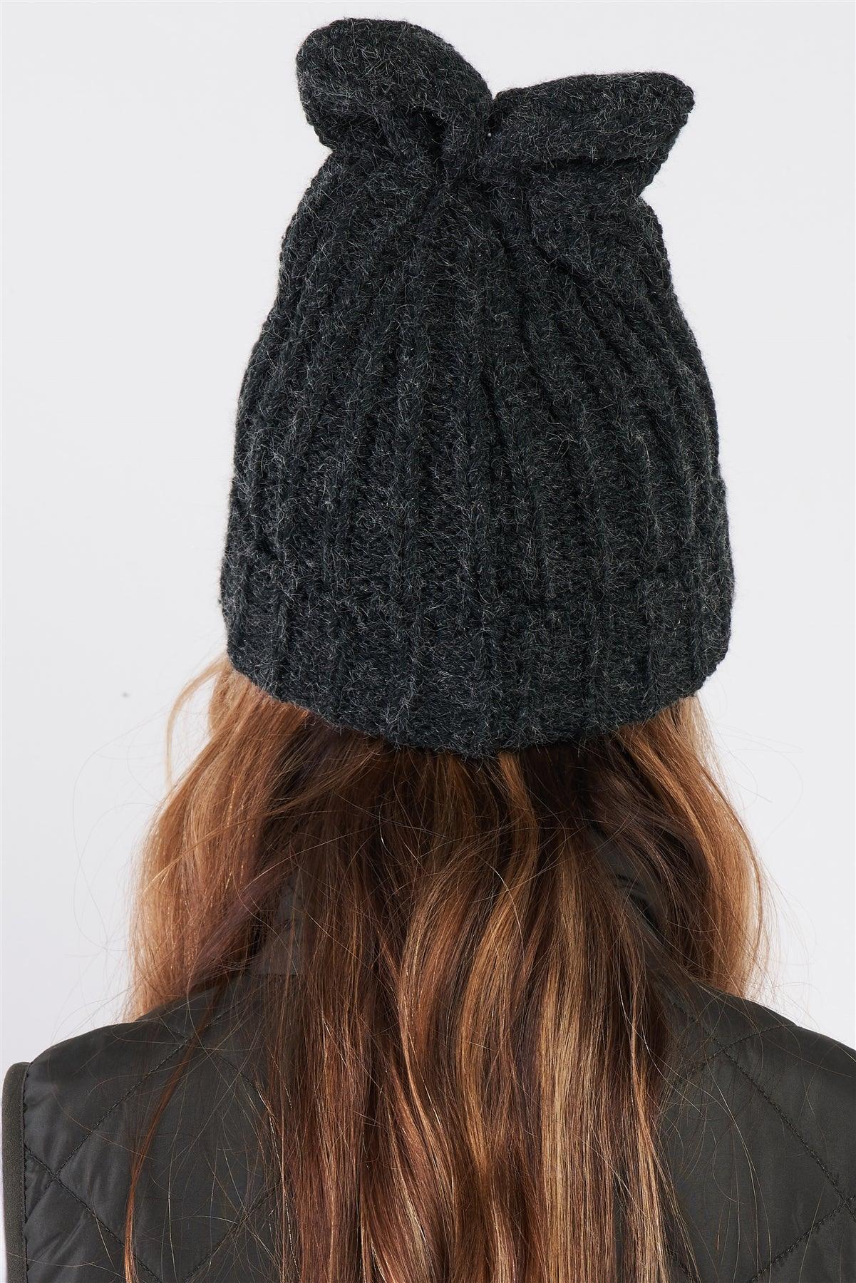 Black Bunny Ears Detail Woven Winter Beanie /3 Pieces