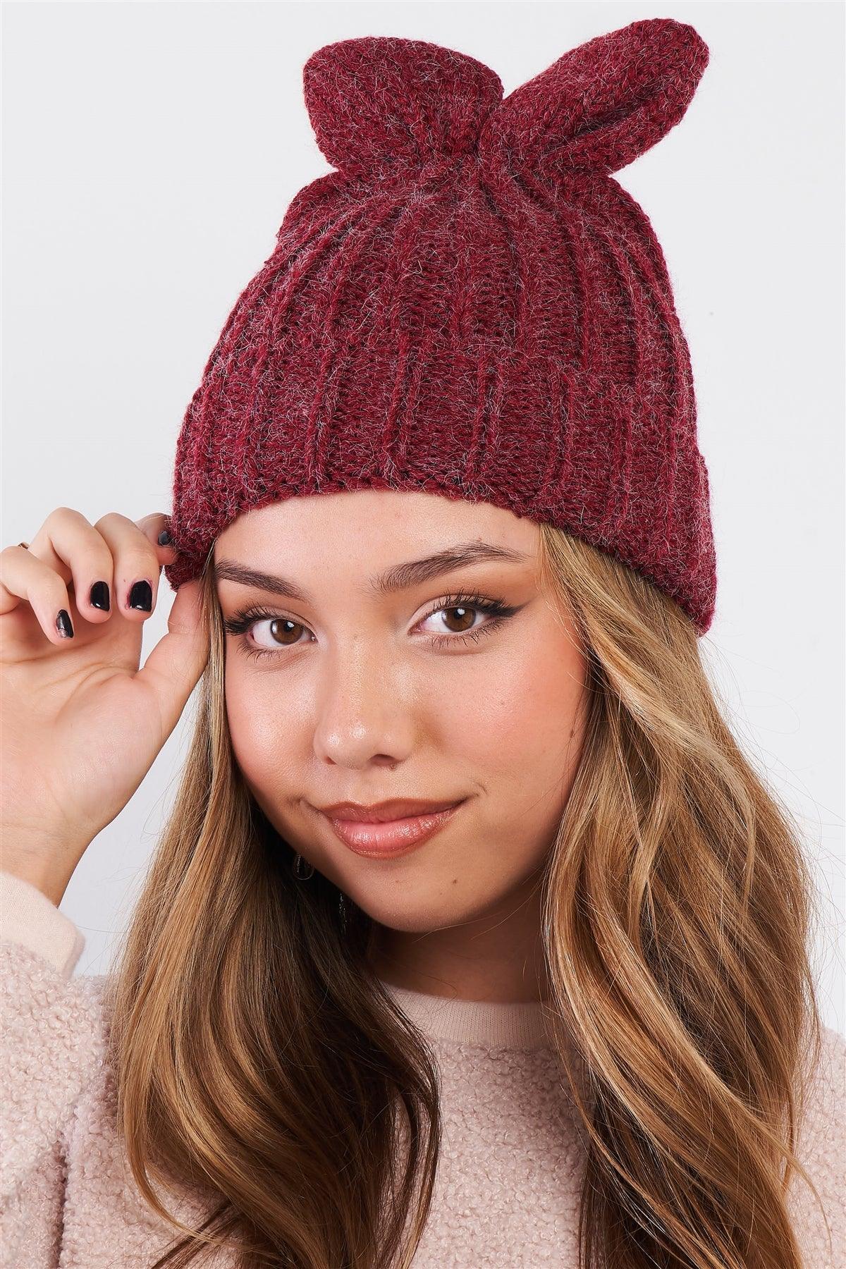 Burgundy Bunny Ears Detail Woven Winter Beanie /3 Pieces