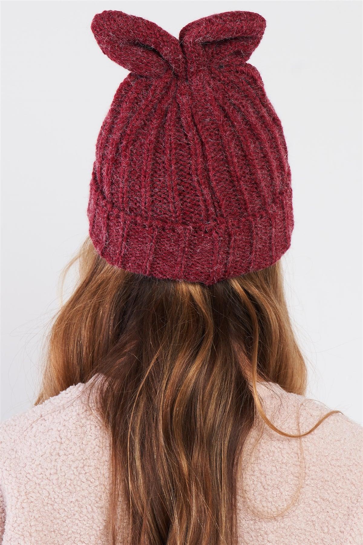 Burgundy Bunny Ears Detail Woven Winter Beanie /3 Pieces