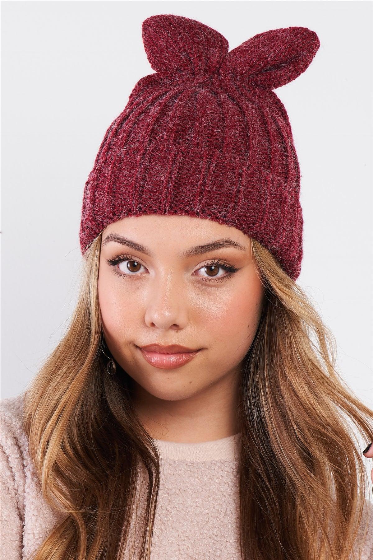 Burgundy Bunny Ears Detail Woven Winter Beanie /3 Pieces