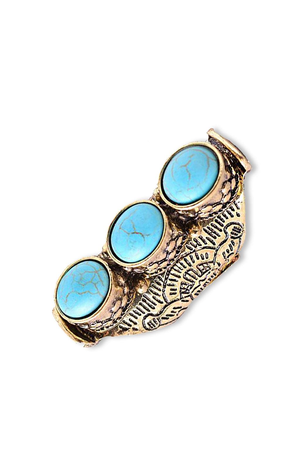 Ancient Gold Three Turquoise Stone Charm Antique Stretch Ring /3 pieces