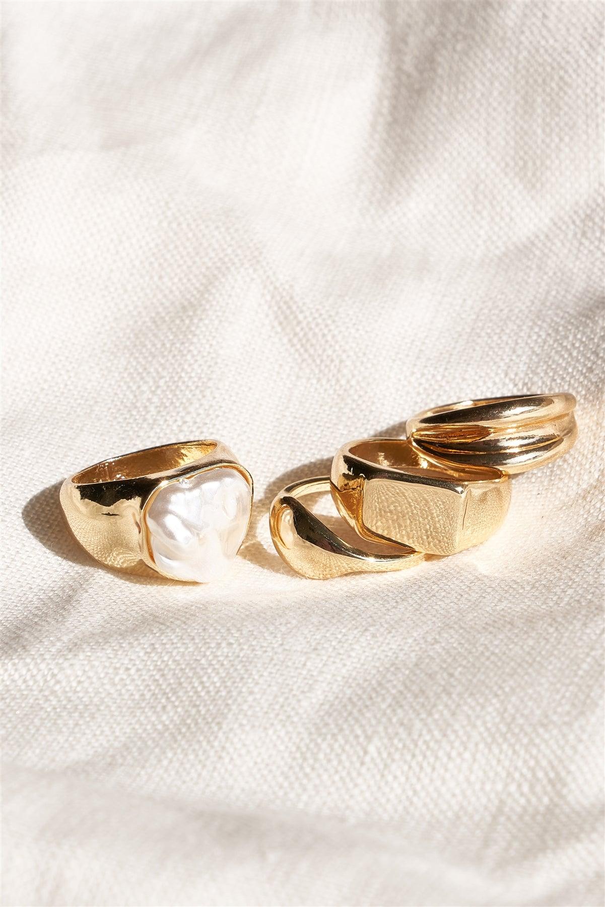 Gold Metallic Pearl Ring Set /6 Pieces