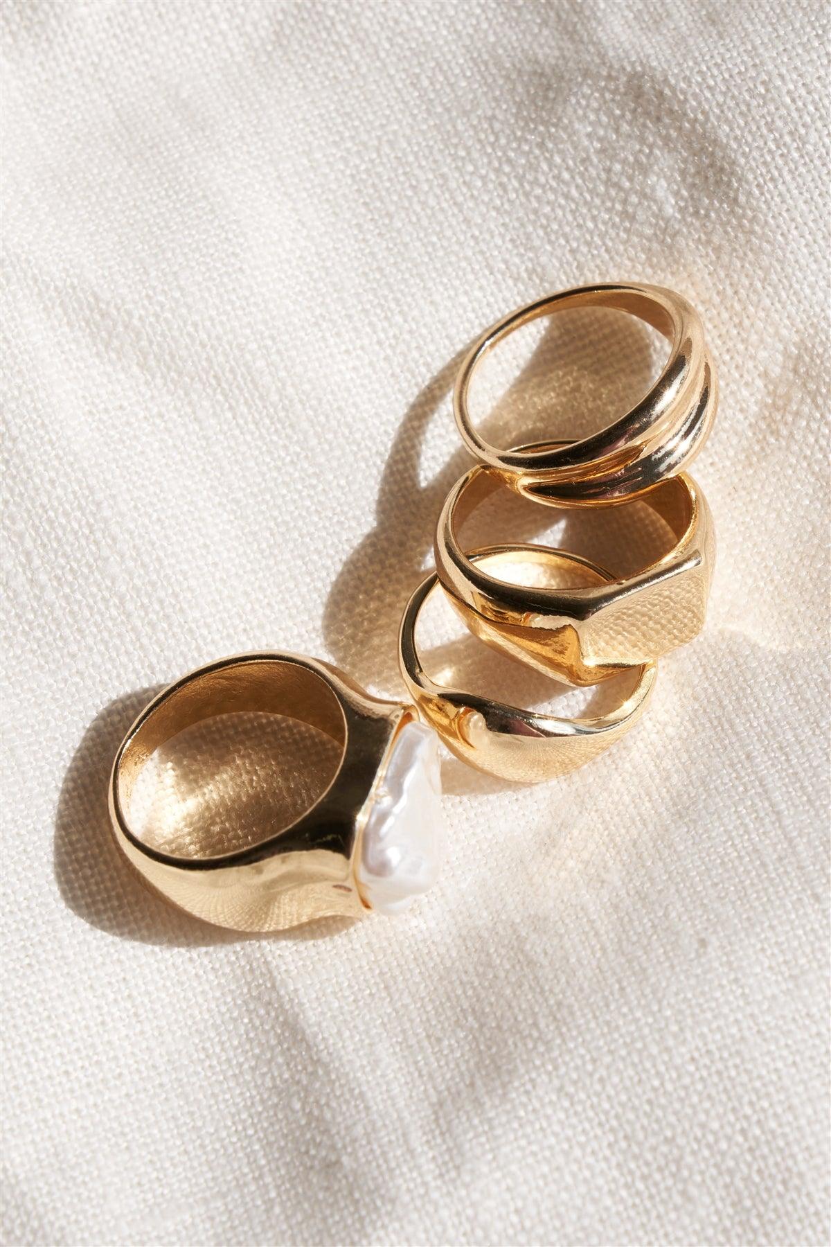 Gold Metallic Pearl Ring Set /6 Pieces