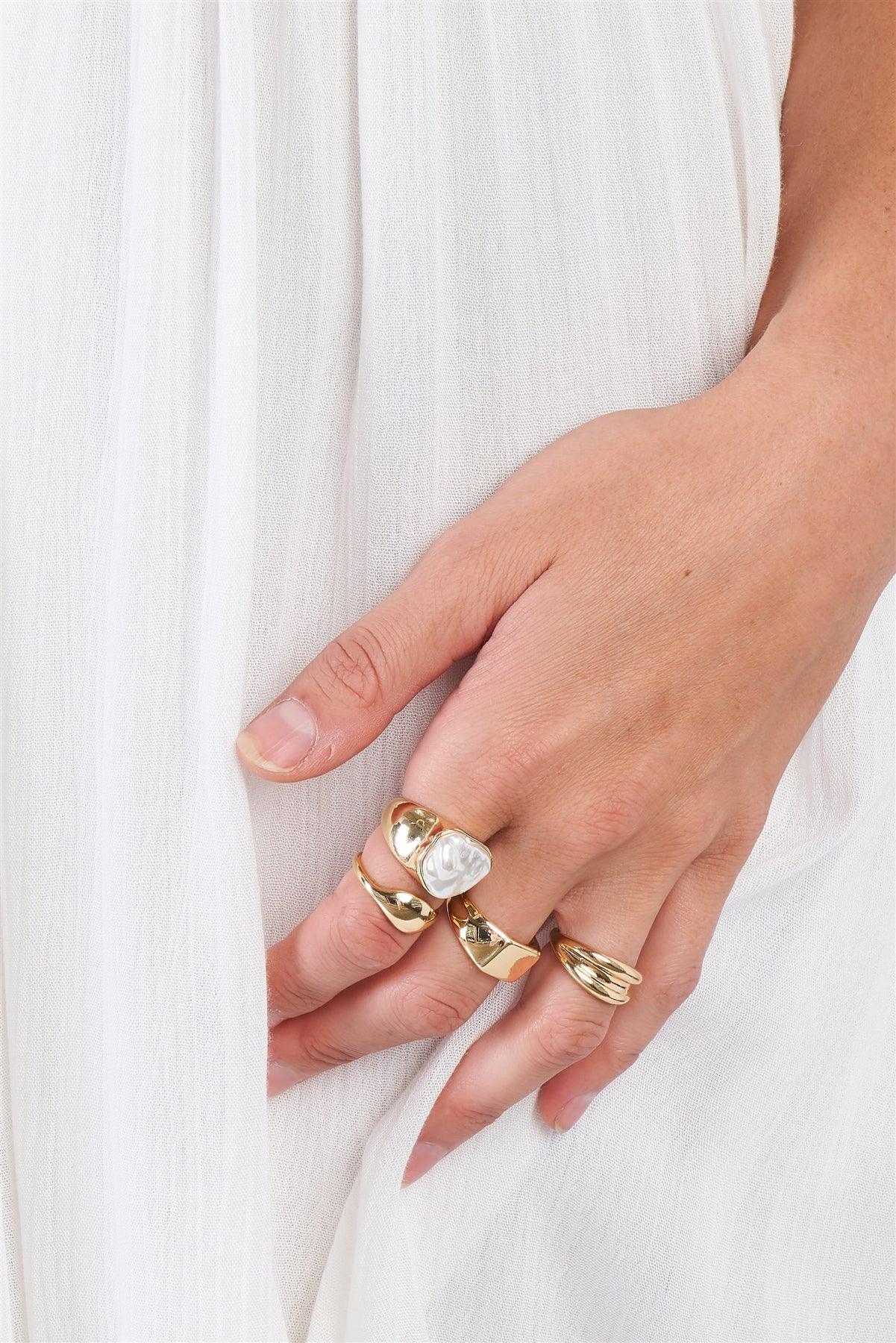 Gold Metallic Pearl Ring Set /6 Pieces