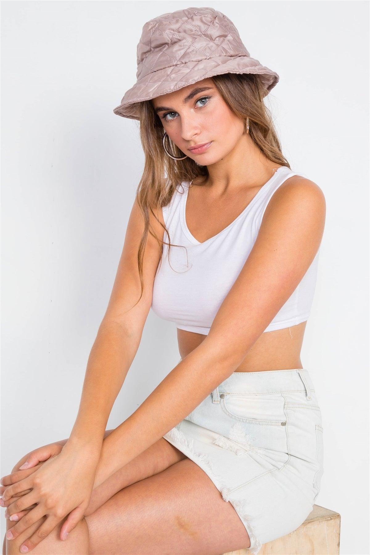 Khaki Light Pink Quilted Bucket Hat