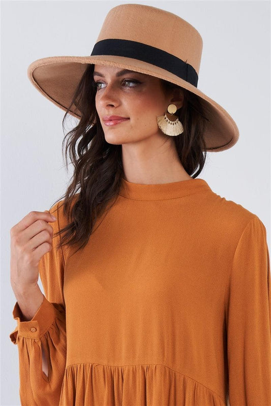 Tan Felt Wide Brim Hat With Black Ribbon Band /3 Pieces