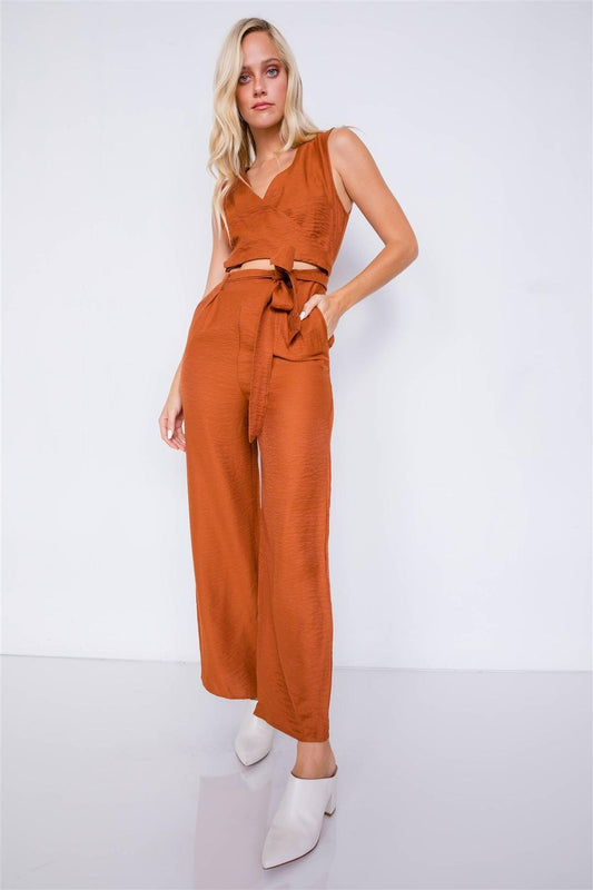 Camel Satin Wide Pant Leg Maxi Wrap Cut-Out Jumpsuit /2-2-2