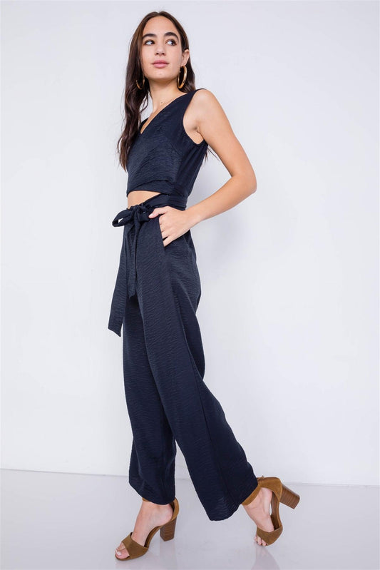 Navy Satin Wide Pant Leg Maxi Wrap Cut-Out Jumpsuit /1-3-2