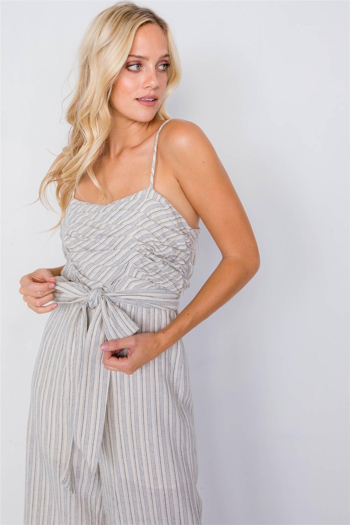 Blue Spaghetti Strap Striped Jumpsuit /3-2-1