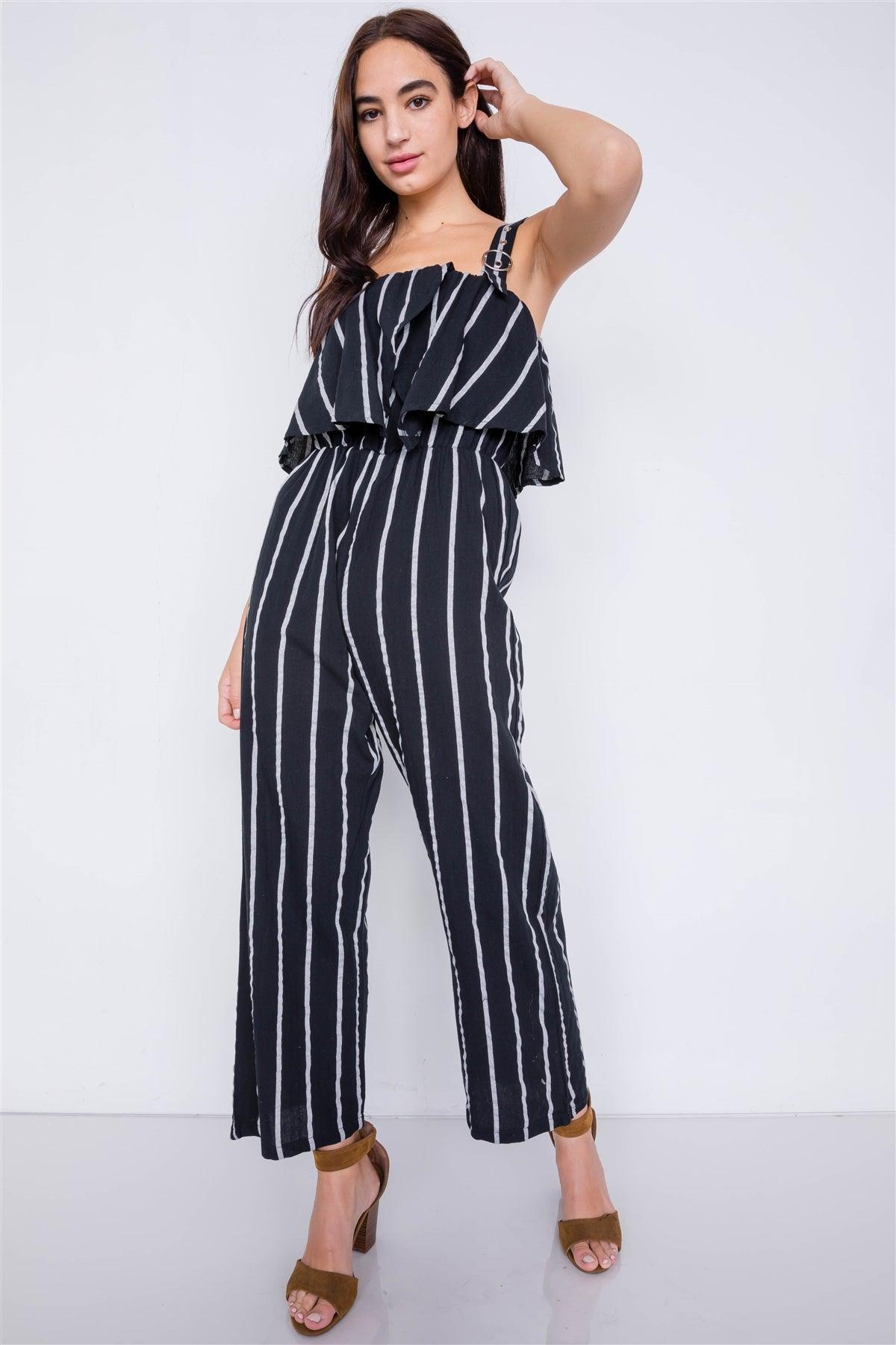 Black & White Stripe Buckle Shoulder Wide Leg Jumpsuit /2-2-2