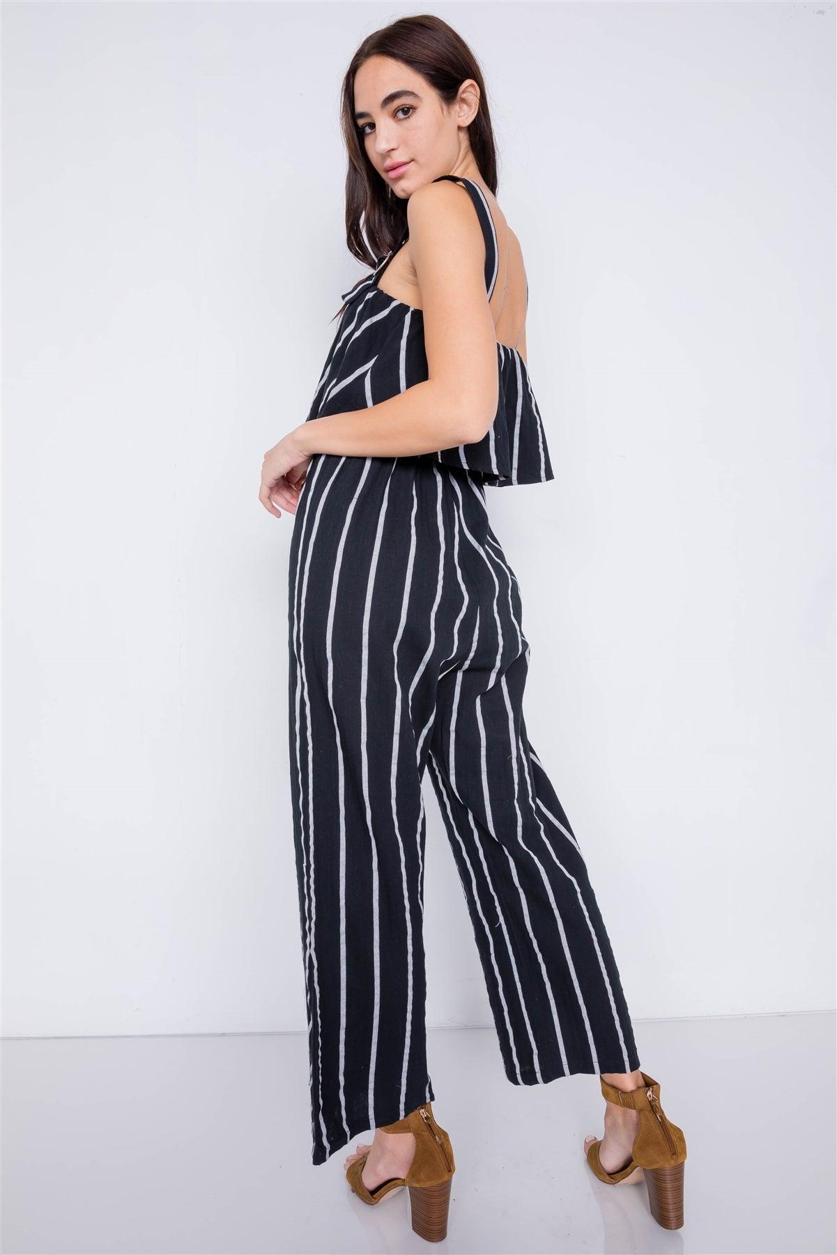 Black & White Stripe Buckle Shoulder Wide Leg Jumpsuit /2-2-2