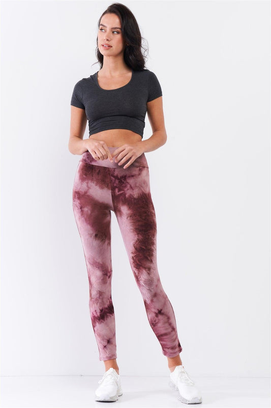 Comfy Plum Pink Tie-Dye High Waisted Stretchy Yoga Legging Pants /4-2-1