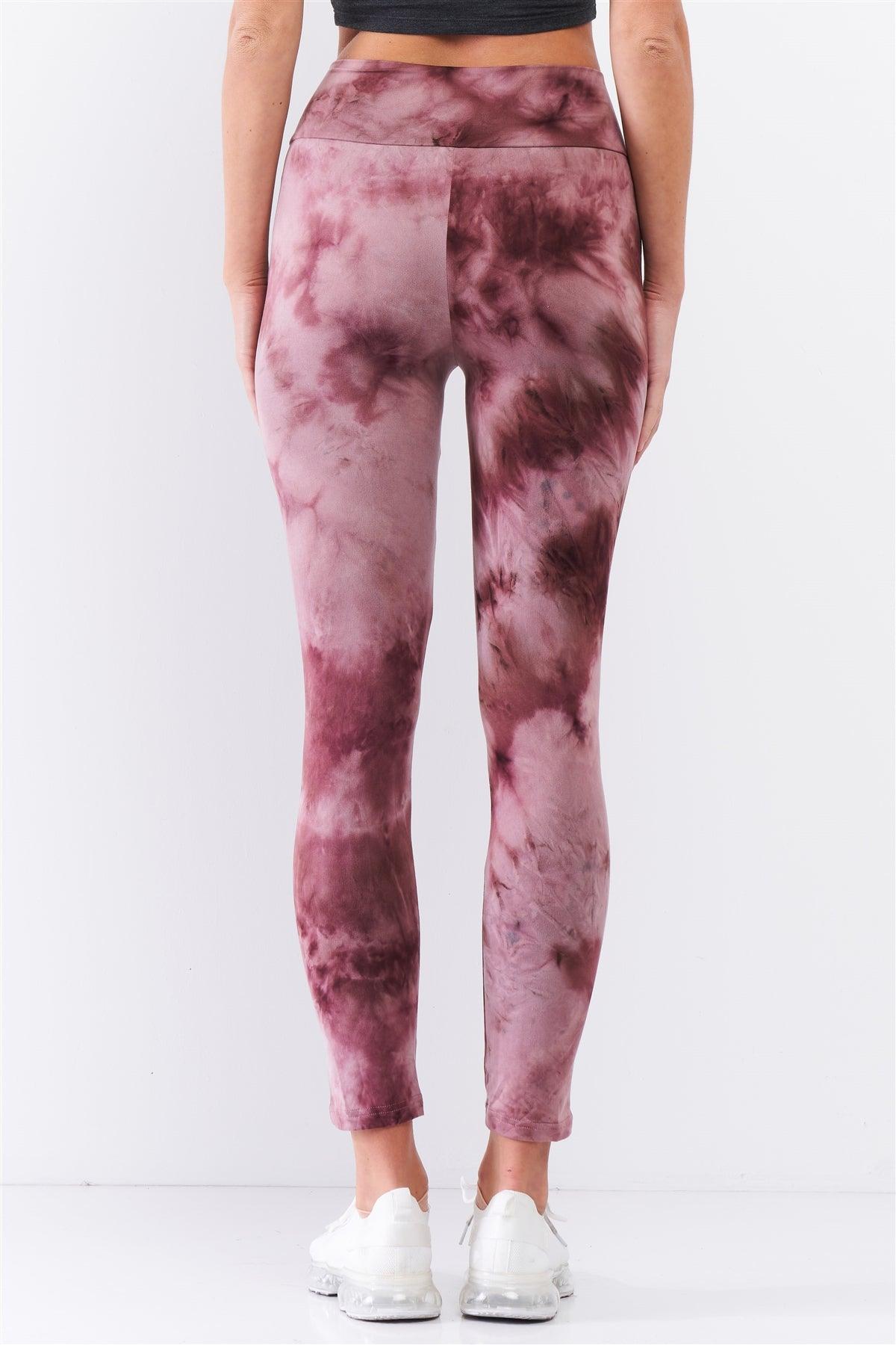 Comfy Plum Pink Tie-Dye High Waisted Stretchy Yoga Legging Pants /4-2-1