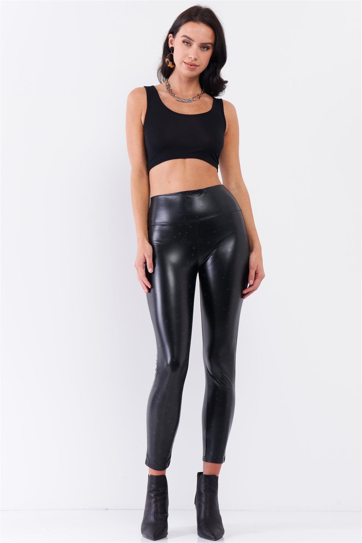 Black Star Print High Waisted Vegan Leather Fitted Legging Pants /3-2-1