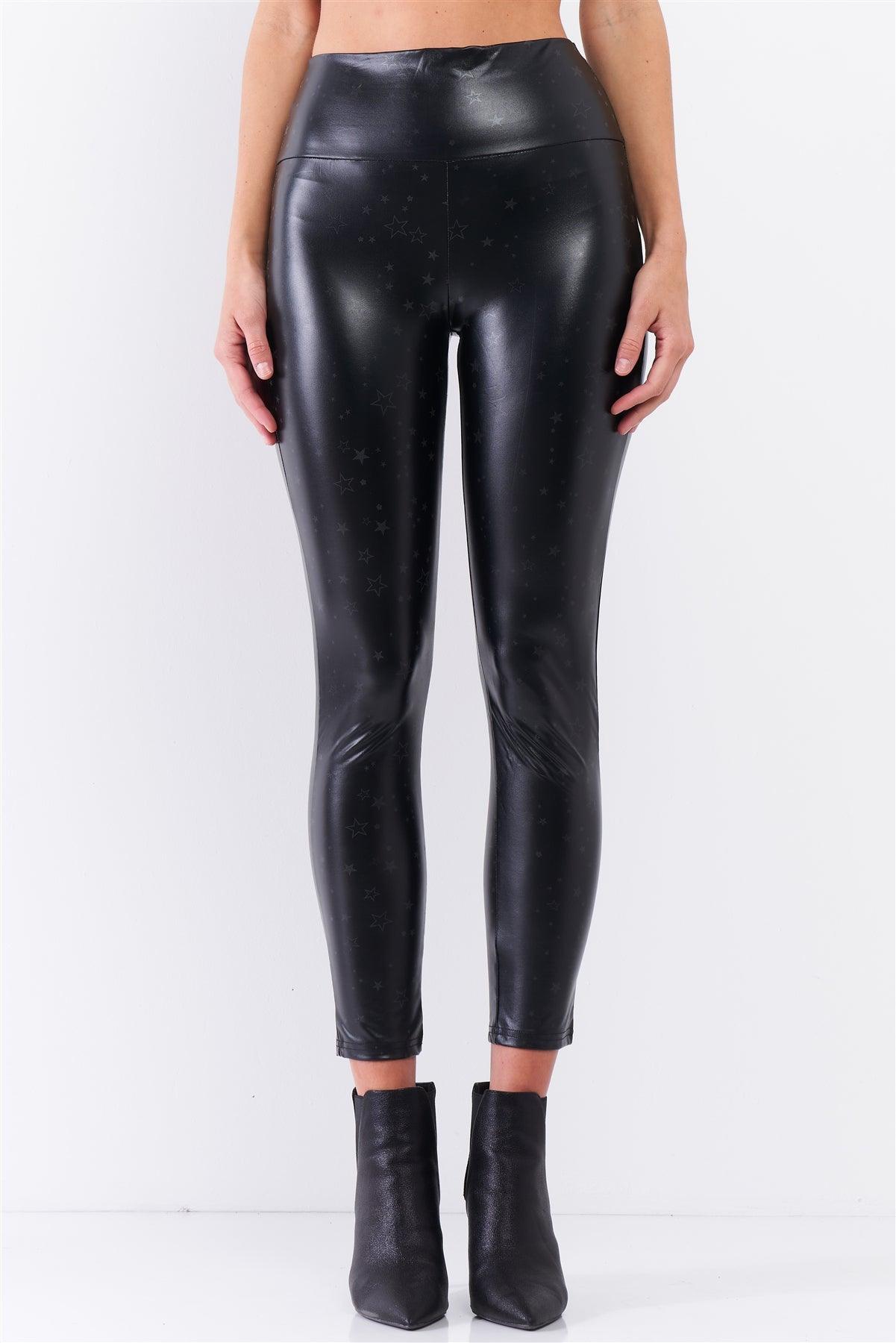 Black Star Print High Waisted Vegan Leather Fitted Legging Pants /3-2-1