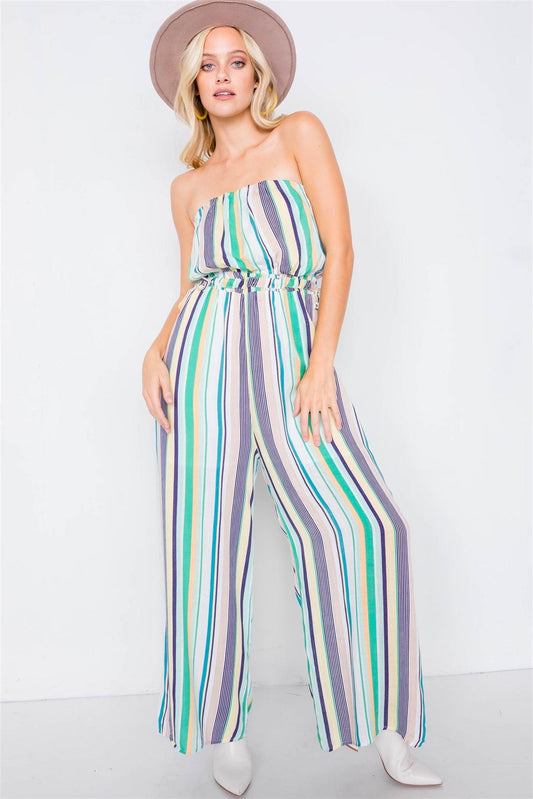 Green Multi Stripe Strapless Lightweight Wide Leg Jumpsuit /3-2-1