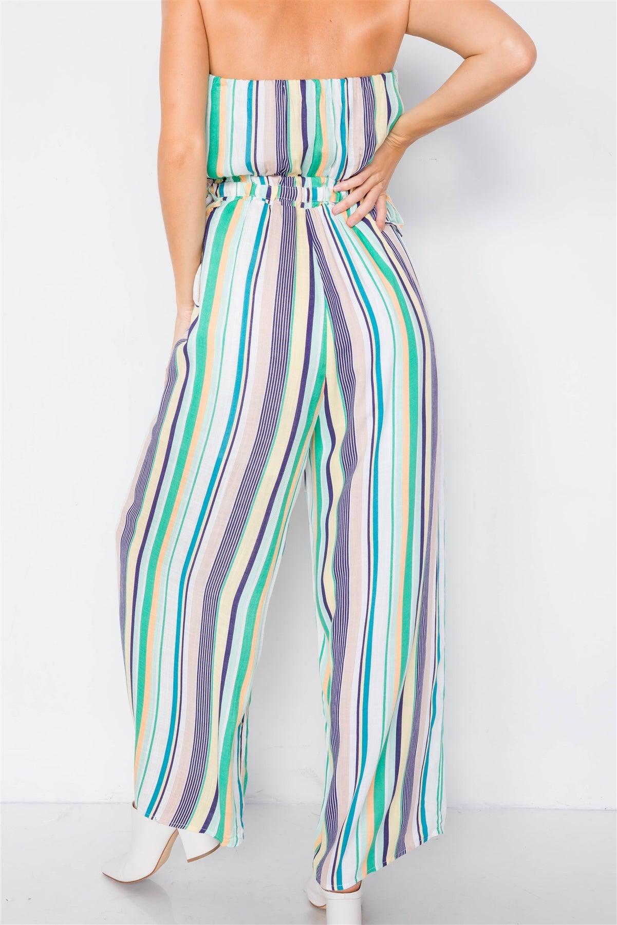 Green Multi Stripe Strapless Lightweight Wide Leg Jumpsuit /3-2-1