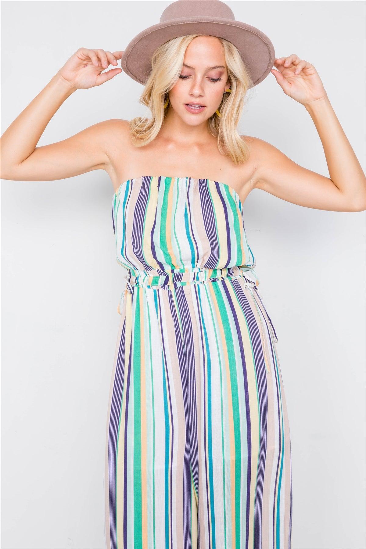 Green Multi Stripe Strapless Lightweight Wide Leg Jumpsuit /3-2-1