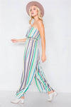 Green Multi Stripe Strapless Lightweight Wide Leg Jumpsuit /4-2-1