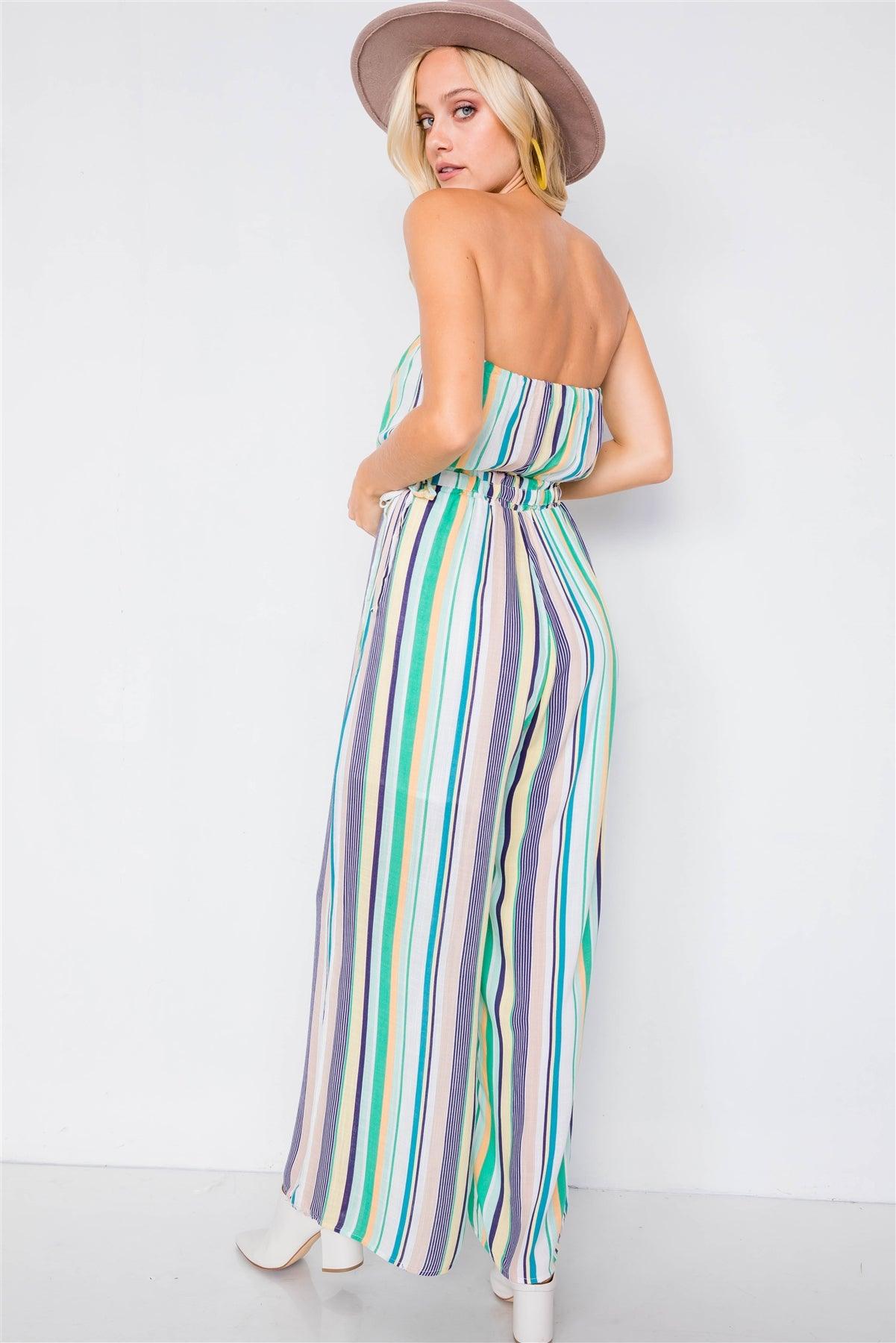 Green Multi Stripe Strapless Lightweight Wide Leg Jumpsuit /4-2-1