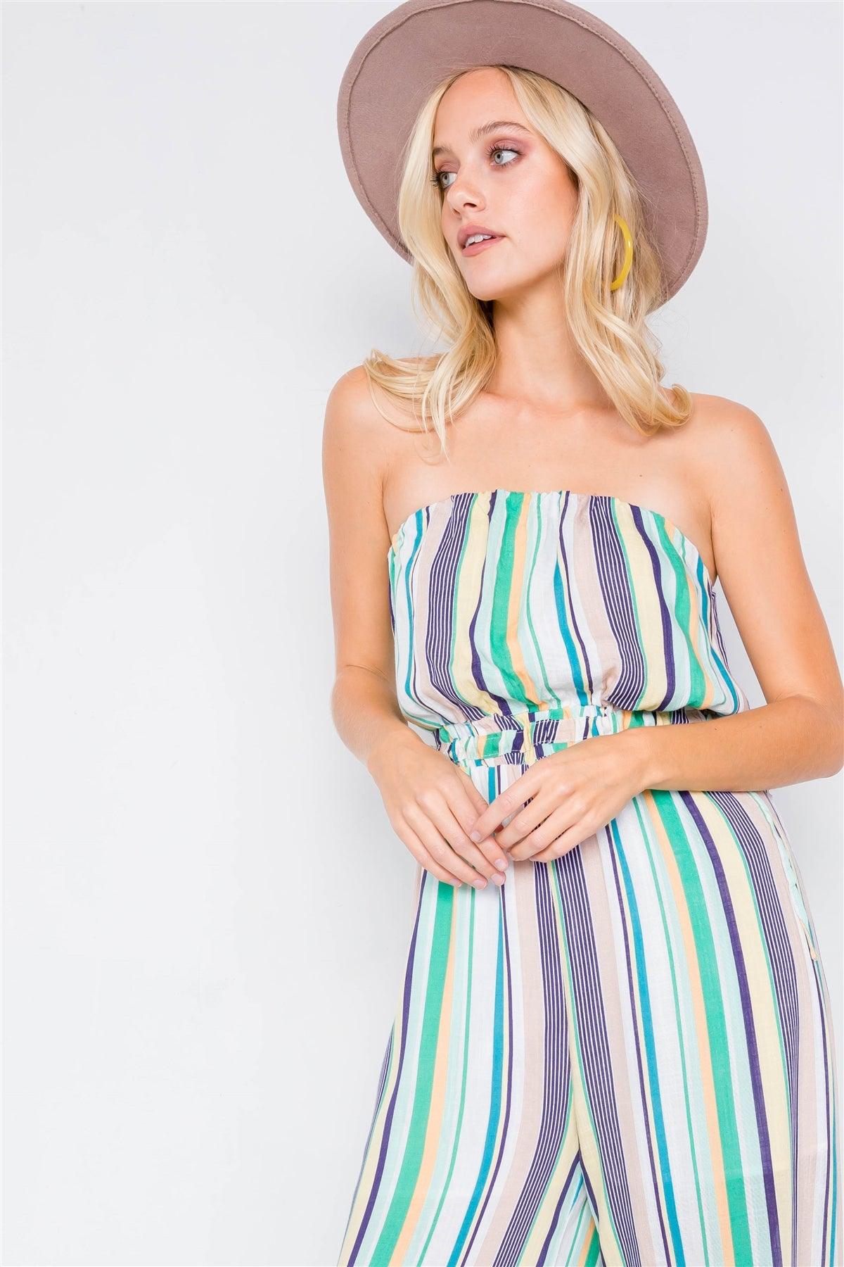 Green Multi Stripe Strapless Lightweight Wide Leg Jumpsuit /4-2-1