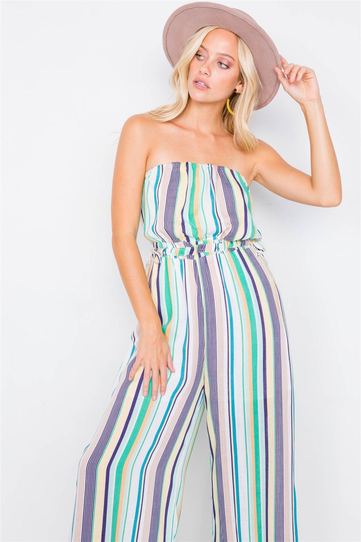 Green Multi Stripe Strapless Lightweight Wide Leg Jumpsuit /4-2-1