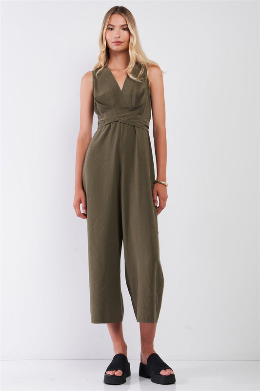 Olive V-Neck Sleeveless Back Self-Tie Waistline Wide Leg Ankle Length Jumpsuit /3-2-1