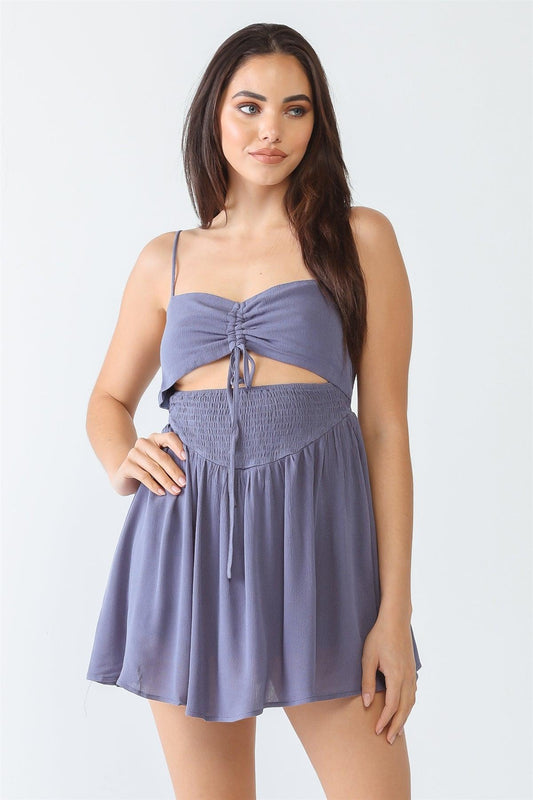 Midnight Textured Ruched Smocked Sleeveless Cut-Out Romper /3-2-1