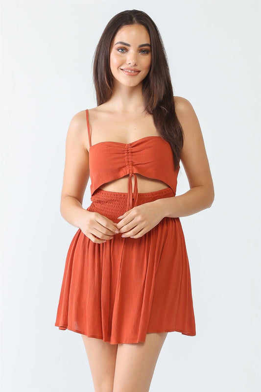 Rust Textured Ruched Smocked Sleeveless Cut-Out Romper /3-2-1