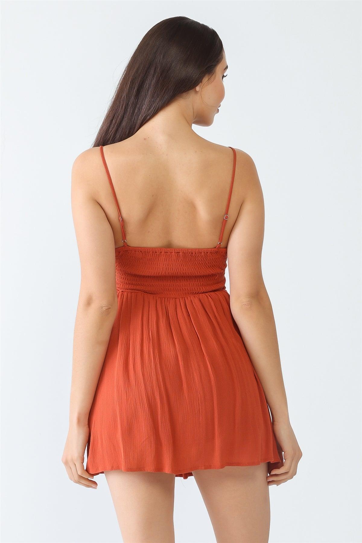 Rust Textured Ruched Smocked Sleeveless Cut-Out Romper /3-2-1