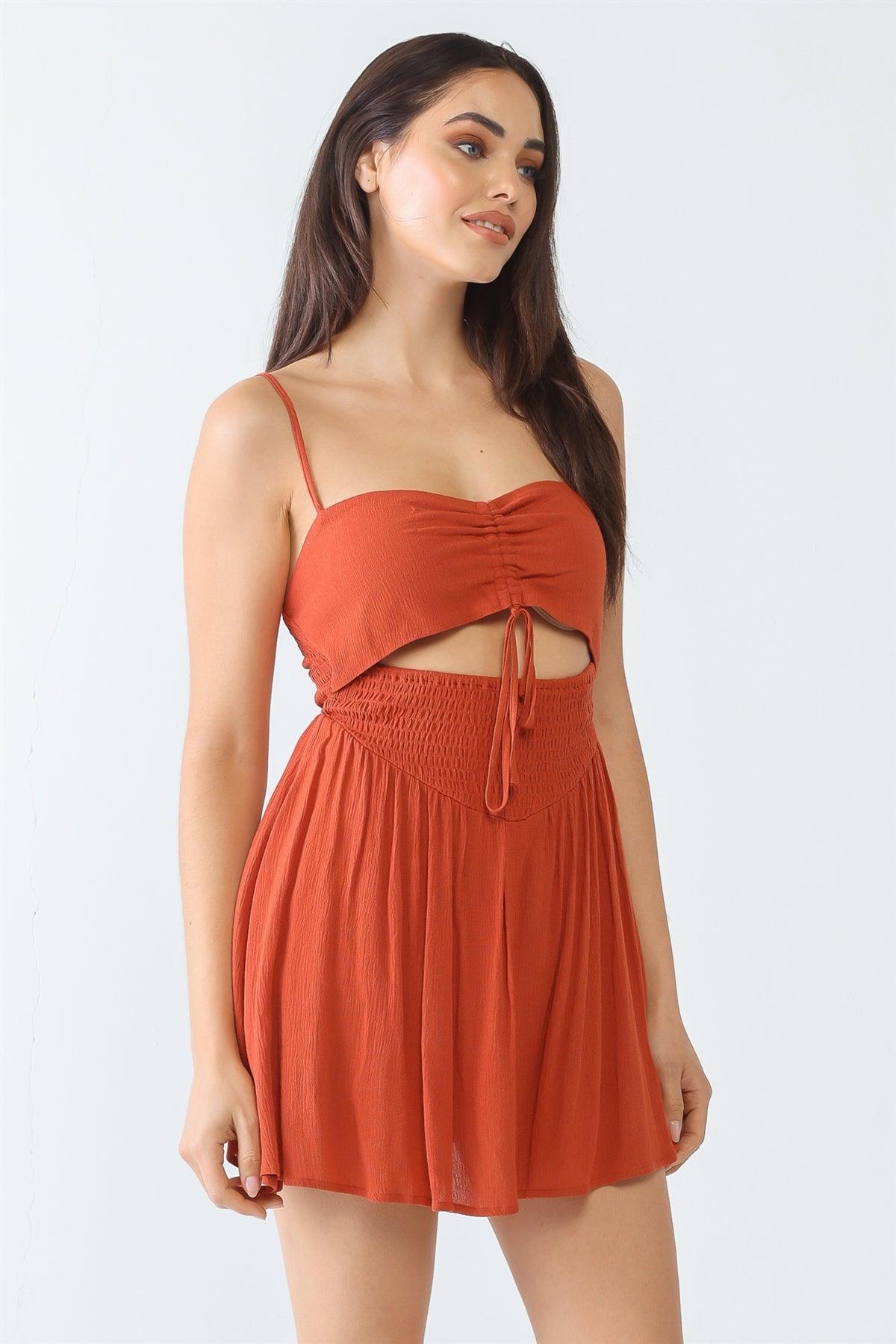 Rust Textured Ruched Smocked Sleeveless Cut-Out Romper /3-2-1