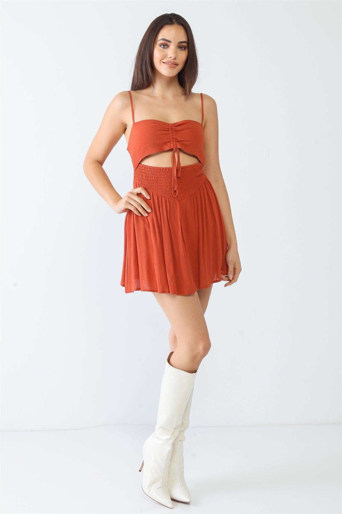 Rust Textured Ruched Smocked Sleeveless Cut-Out Romper /3-2-1