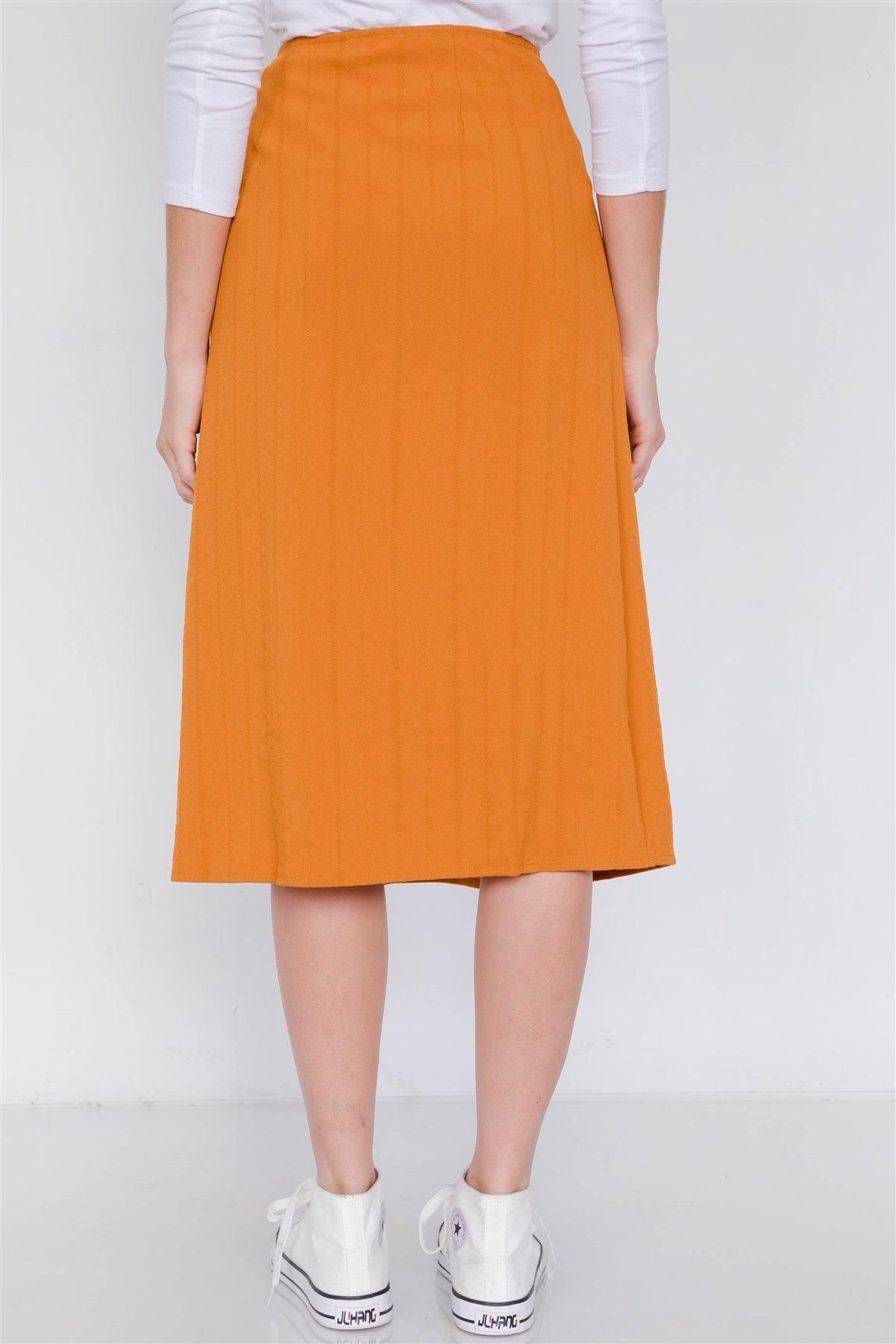 Rust Side Button Mock Wrap Mini Slit Office Chic Midi Skirt /2-2-2