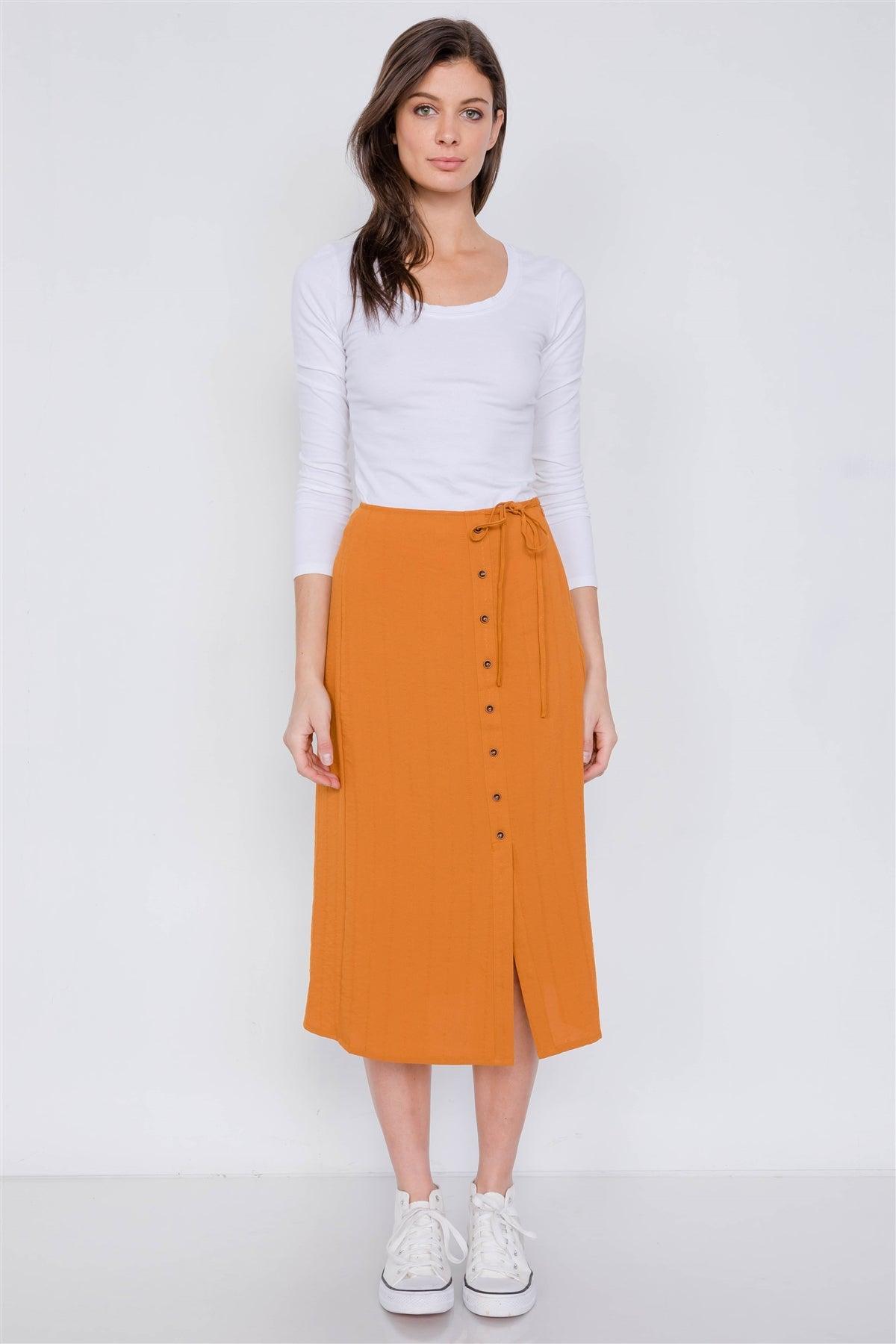 Rust Side Button Mock Wrap Mini Slit Office Chic Midi Skirt /2-2-2