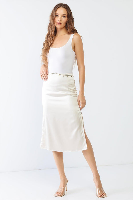 Cream Satin Ruched Back High Waist Side Slit Gold Chain Midi Skirt /1-2-2-1