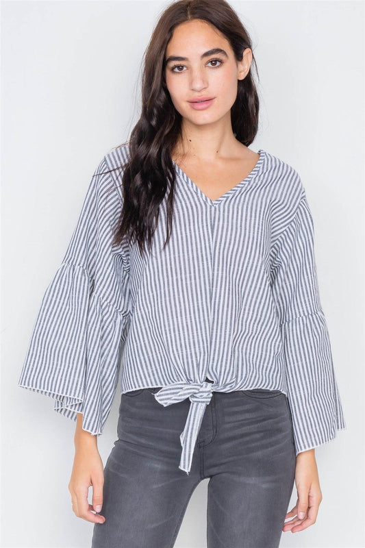 Grey & White Stripe V-Neck Cotton Bell Sleeve Top /2-2-2