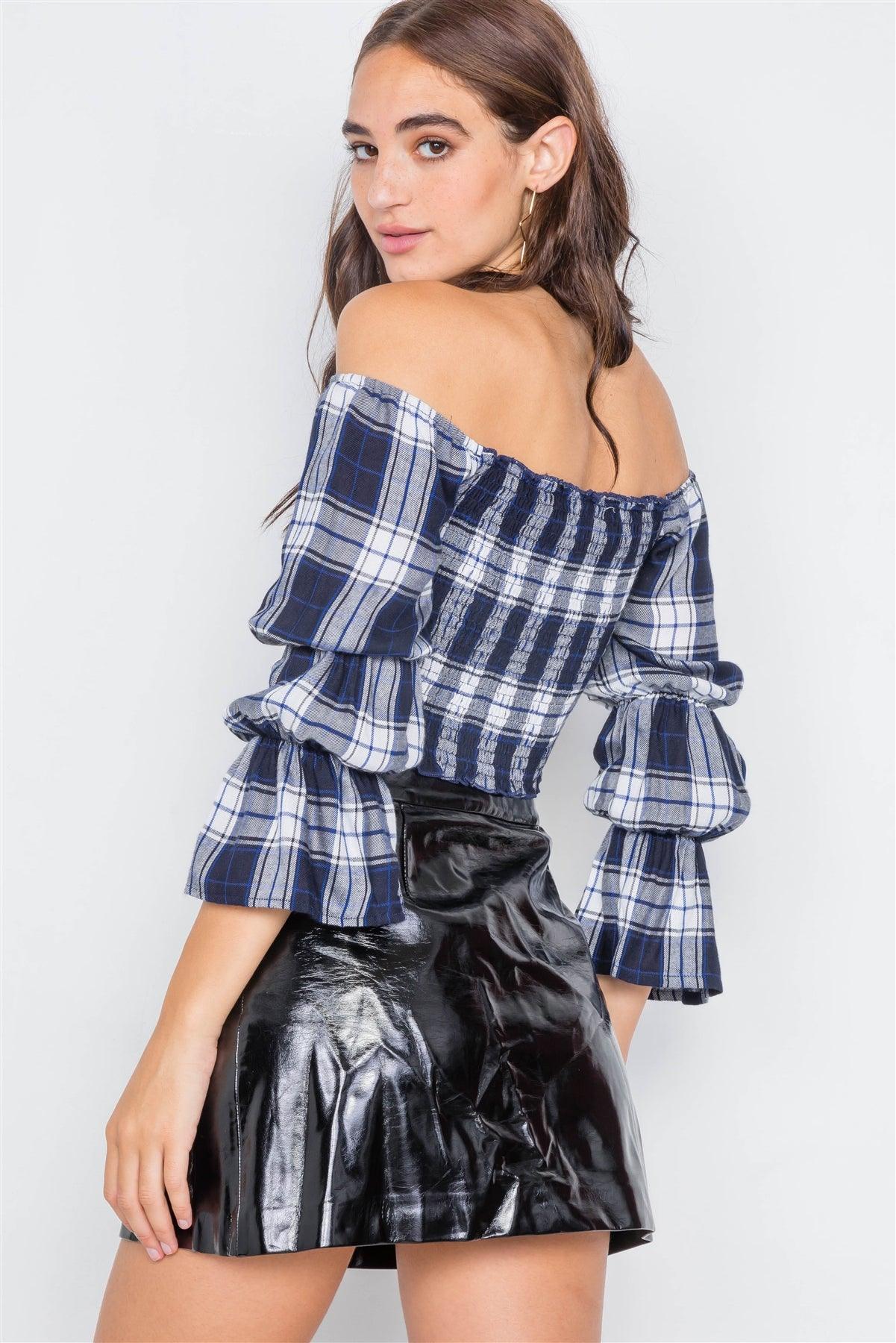 Navy Plaid Ruched Off-The-Shoulder Tiered Bell Sleeve Crop Top /2-2-2