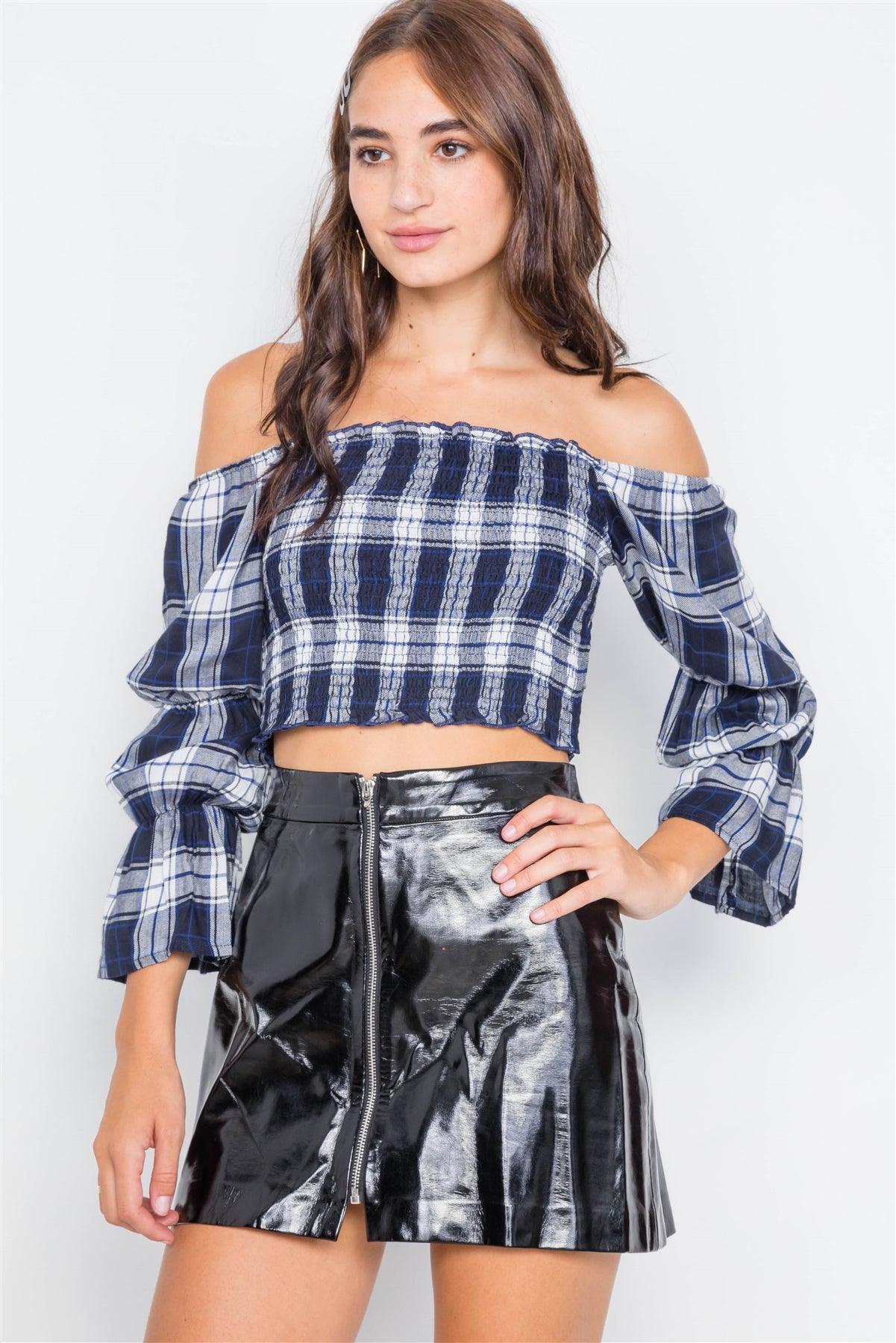 Navy Plaid Ruched Off-The-Shoulder Tiered Bell Sleeve Crop Top /2-2-2