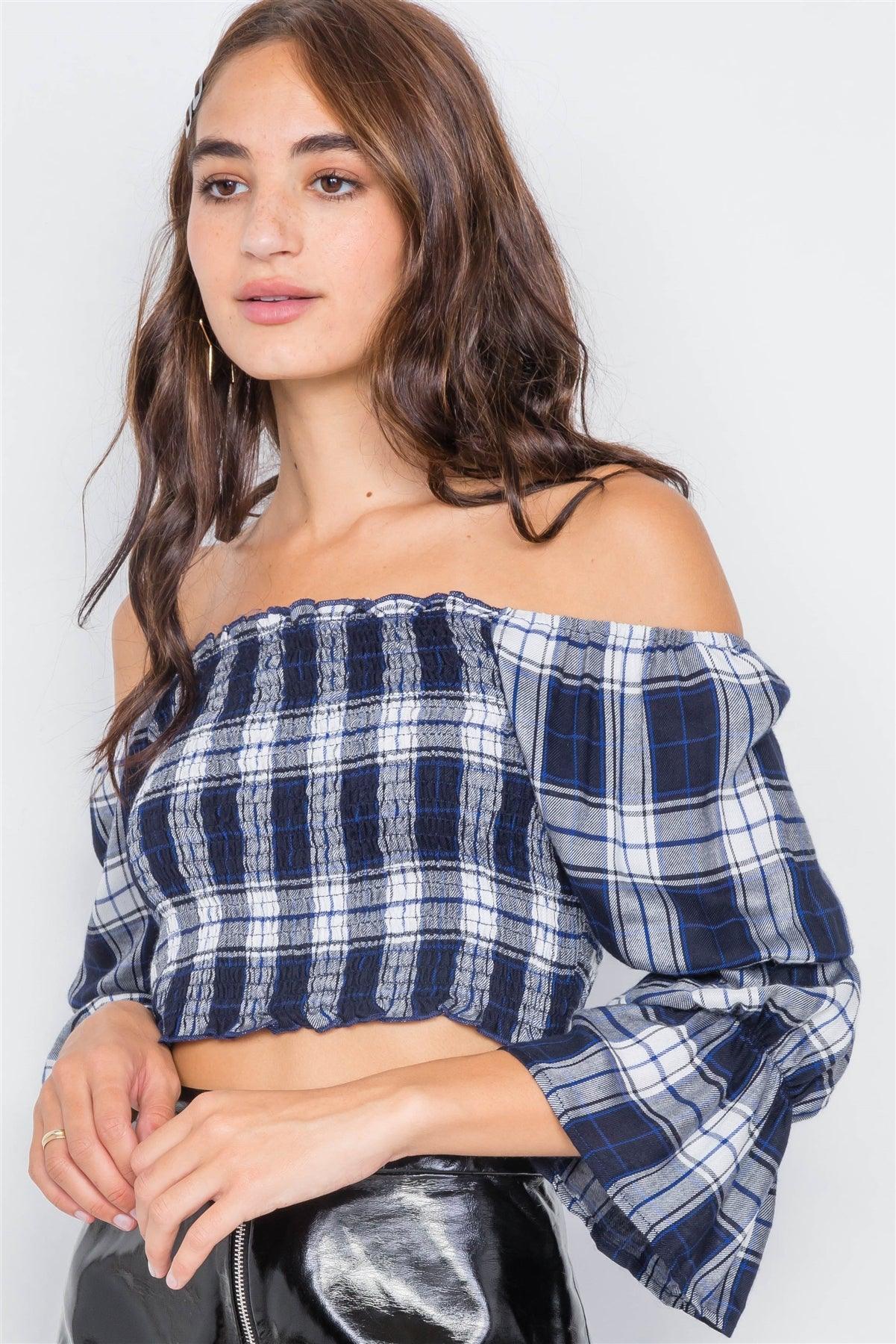 Navy Plaid Ruched Off-The-Shoulder Tiered Bell Sleeve Crop Top /2-2-2