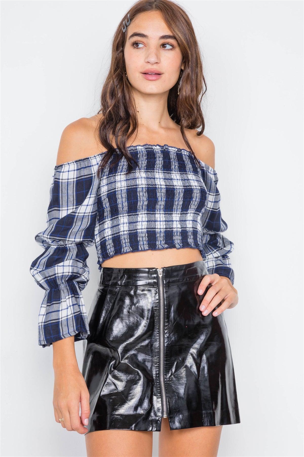 Navy Plaid Ruched Off-The-Shoulder Tiered Bell Sleeve Crop Top /2-2-2