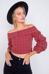 Raspberry Plaid Off-The Shoulder Retro Chic Crop Top /2-2