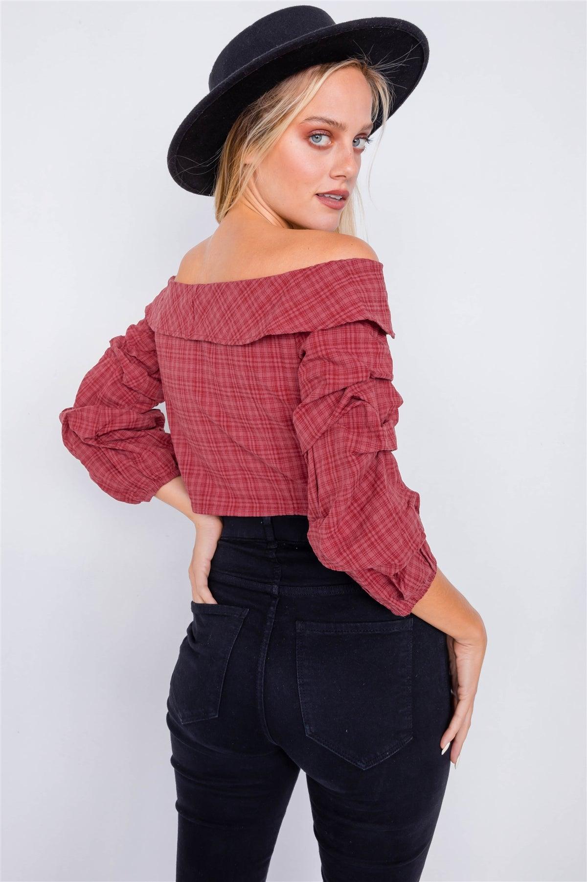 Raspberry Plaid Off-The Shoulder Retro Chic Crop Top /2-2