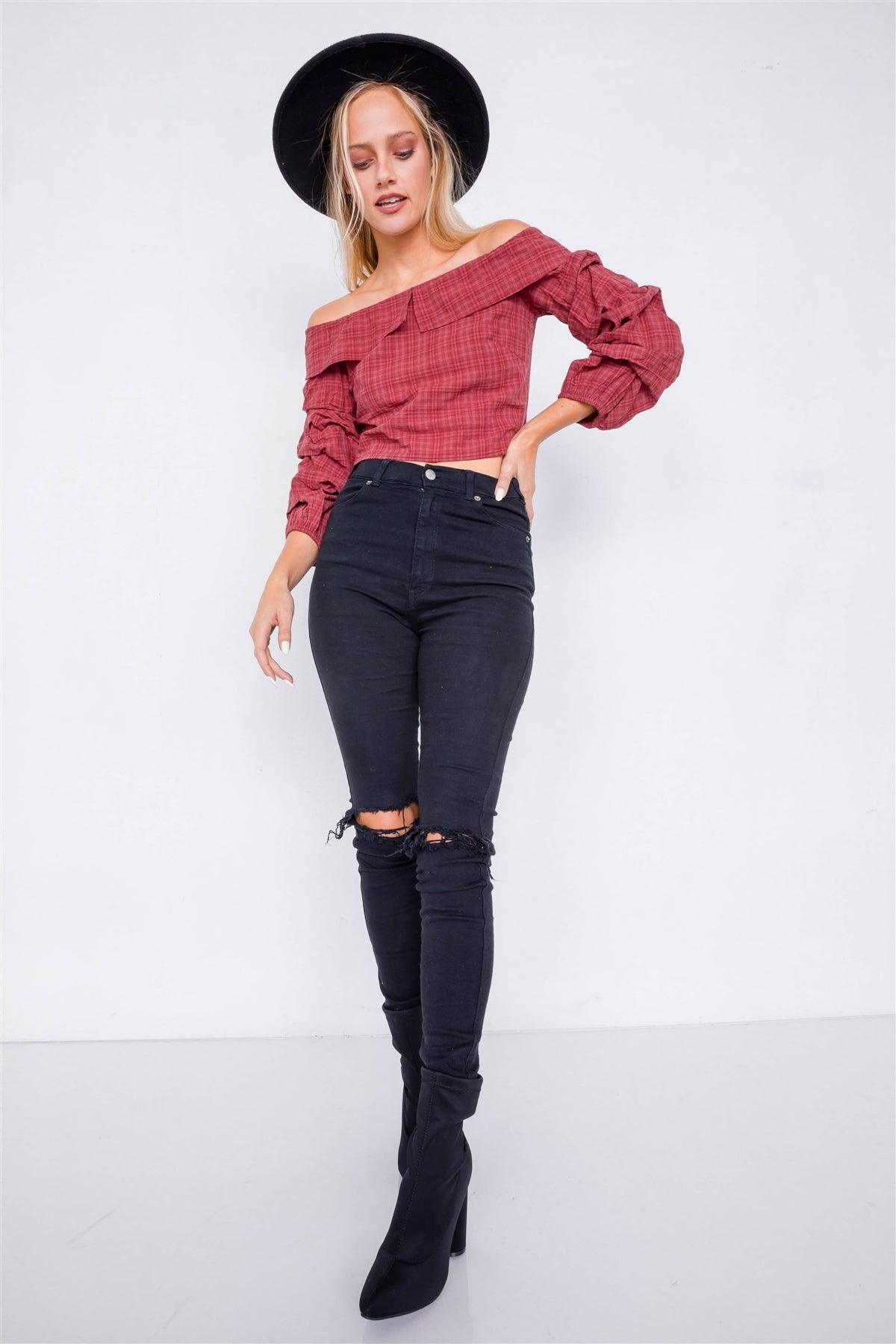 Raspberry Plaid Off-The Shoulder Retro Chic Crop Top /2-2