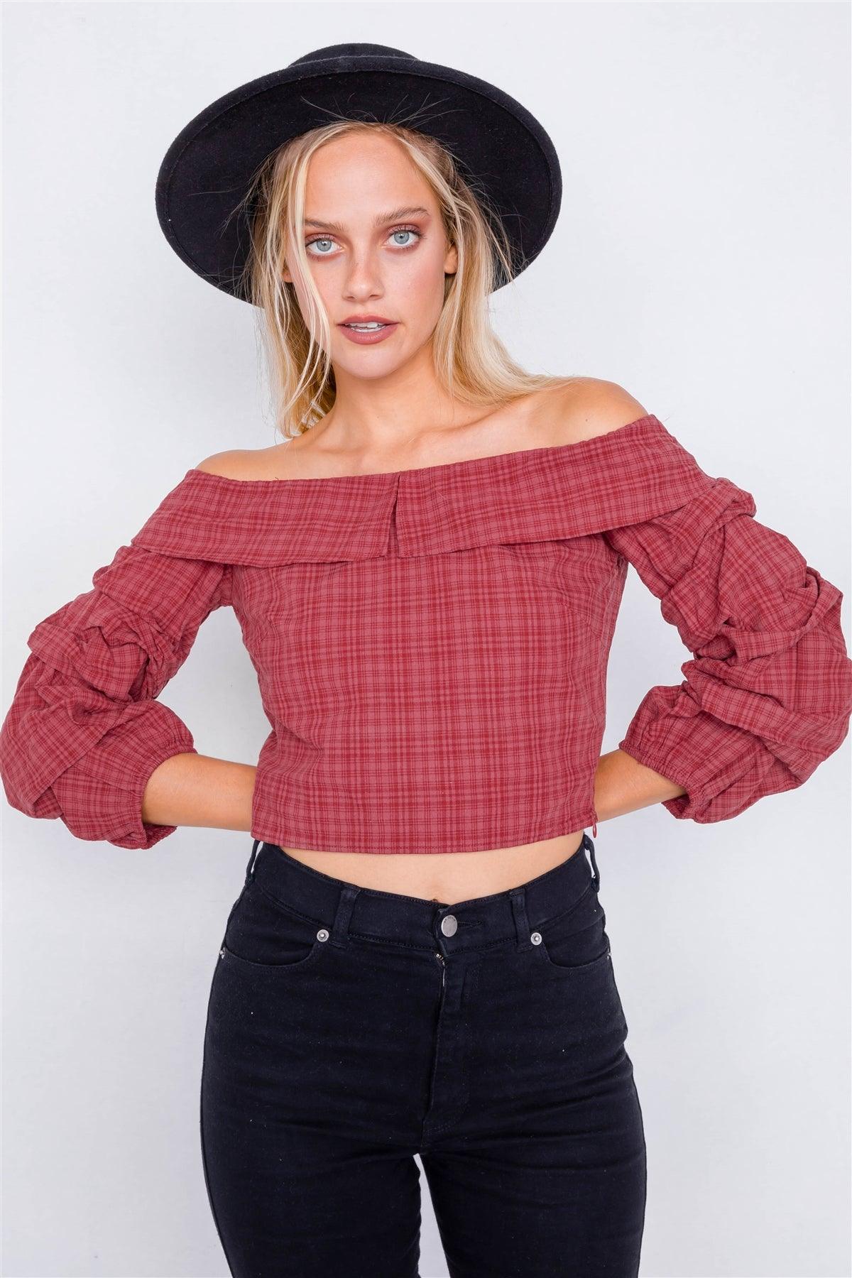 Raspberry Plaid Off-The Shoulder Retro Chic Crop Top /2-2